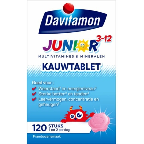 4x Davitamon Junior 3+ Kauwvitamines Framboos 120 kauwtabletten