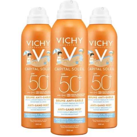 3x Vichy Capital Soleil Anti-Zand Mist Spray Voor Kinderen SPF 50+ 200 ml