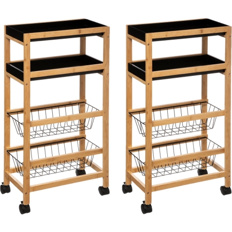 Set van 2x keukentrolley lichtbruin/zwart 4-laags D22 x B40 x H83 cm - bamboe/kunststof -
