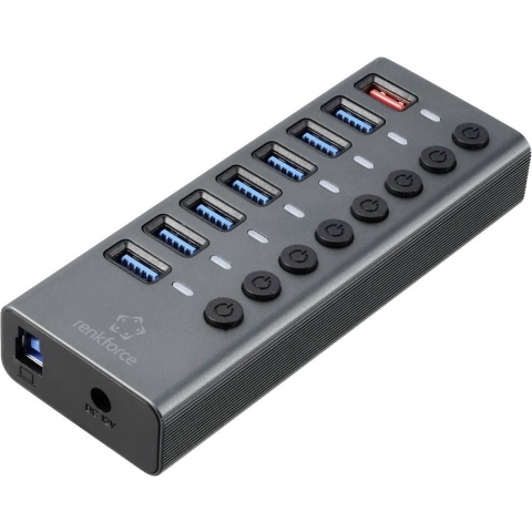 Renkforce RF-HUB-380 USB 3.2 Gen 2-hub 8 poorten Individueel schakelbaar, Met status-LEDs, Met aluminium behuizing Zilver-zwart