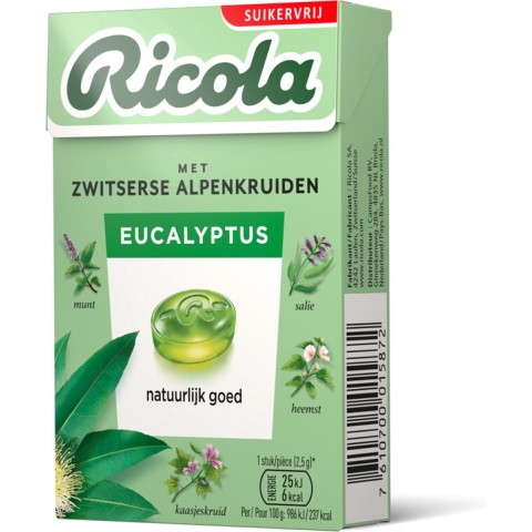 120x Ricola Keelpastilles Eucalyptus Suikervrij Doosje 50 gr