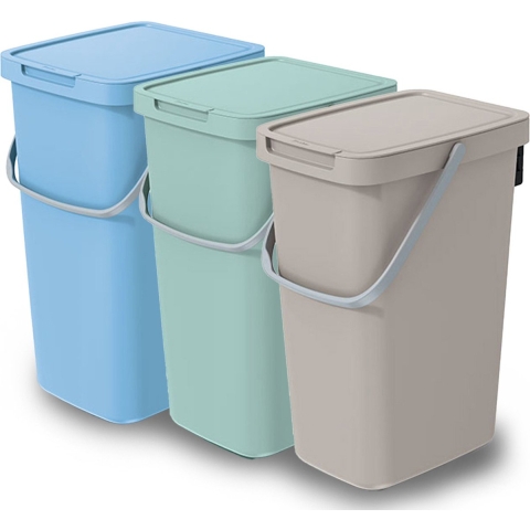 GFT/rest afvalbakken set - 3x - 25L - beige/blauw/groen - 26 x 29 x 48 cm - afval scheiden -