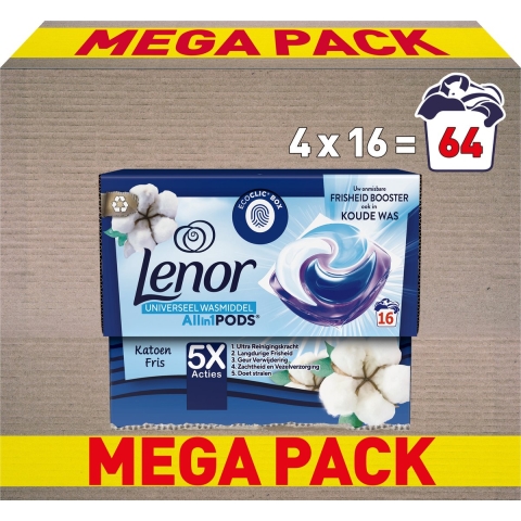 4x Lenor Wasmiddel All-in-1 Pods Katoen Fris 16 stuks
