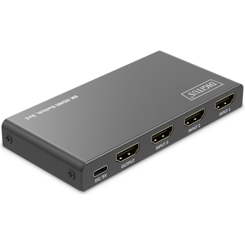Digitus DS-55333 HDMI-switch 3 + 1 poorten LED-weergave, Met afstandsbediening, Ultra HD-geschikt, Met metalen behuizing, Individueel schakelbaar, Met