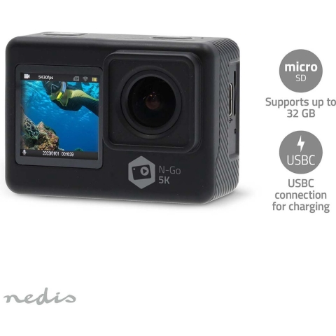 Nedis Action Cam | Dubbel scherm | 5K@30fps | 16 MPixel | Waterbestendig tot: 30.0 m | 80 min | Wi-Fi | App beschikbaar voor: Android™ / IOS | Mounts
