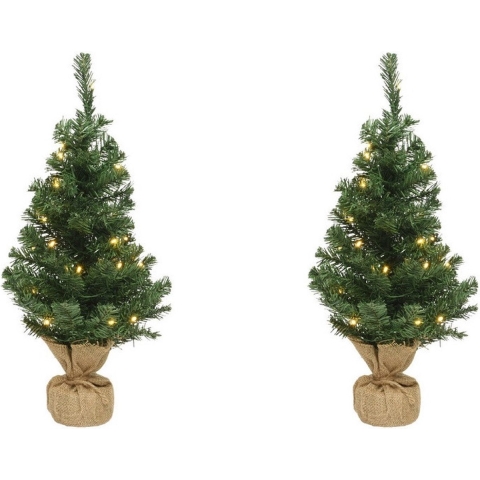 2x Volle mini kerstbomen groen in jute zak met verlichting 90 cm -