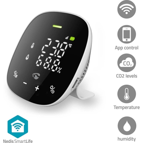 Nedis SmartLife Luchtkwaliteitsmonitor | Wi-Fi | Inclusief display | Koolstofdioxide (CO2) / Temperatuur / Vochtigheid | Android™ / IOS | Wit / Zwart