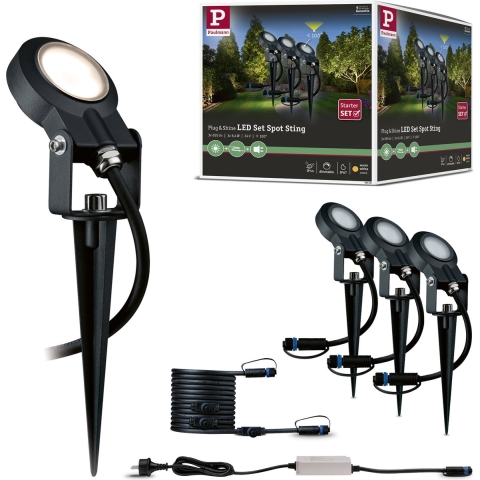 Paulmann Sting 93696 Verlichtingssysteem Plug&Shine LED-tuinspot startset Set van 3 stuks LED 18 W Warmwit Antraciet