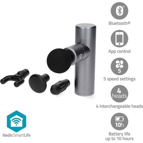 Nedis SmartLife Sportmassagepistool | Accu gevoed | Ingebouwde Lithium-Ion | Oplaadbaar | 5 Massage Modes | Bolvormige kop | Donkergrijs - BTHMSG10GY