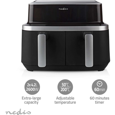 Nedis Dubbele Heteluchtfriteuse | 2x4.2 l | Tijdschakelaar: 60 min | Aantal vooraf ingestelde programma&apos;s: 10 | Digitaal | Zwart - KAAF320BK