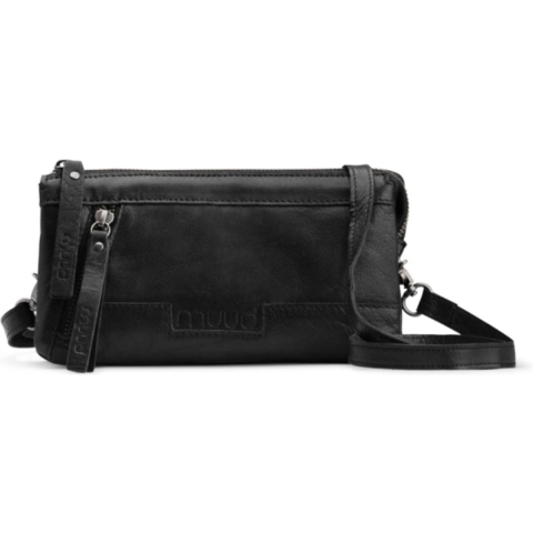 MUUD Riga Black - Handgemaakt leren crossover tas ø 12 cm x 22 cm