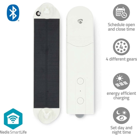 Nedis SmartLife Gordijnrobot | Kabelsysteem | Paneelgordijnen / Rolgordijnen / Vouwgordijnen | Netvoeding / Solar Powered | 2000 mAh | Bluetooth® |