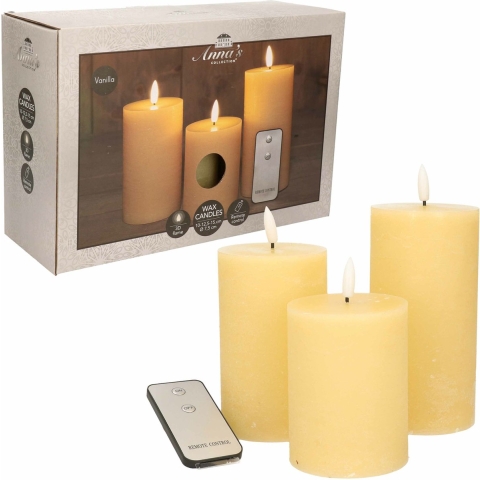 LED Stompkaarsen met afstandsbediening - 9x - vanille geel - 10/12.5/15 cm -