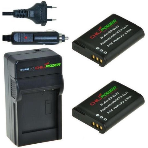2 camera-accu's EN-EL23 inclusief oplader en autolader - Origineel ChiliPower