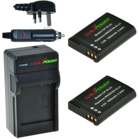 2 x EN-EL23 accu's voor Nikon - Charger Kit + car-charger - UK version