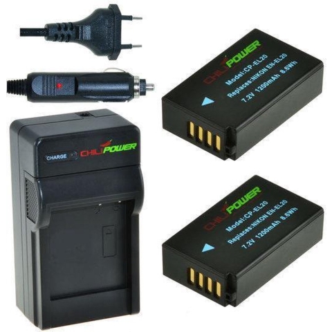 2 x EN-EL20 accu's voor Nikon - inclusief oplader en autolader - Origineel ChiliPower
