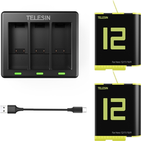 Telesin Charger For 3 Batteries + 2X accu voor GoPro 9,10,11,12