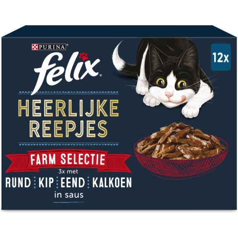 Felix Heerlijke Reepjes Farm Selectie met rund, kip, eend, kalkoen in saus natvoer kat 48 x 80 gVis selectie + 48 x 80 gFarm selectie