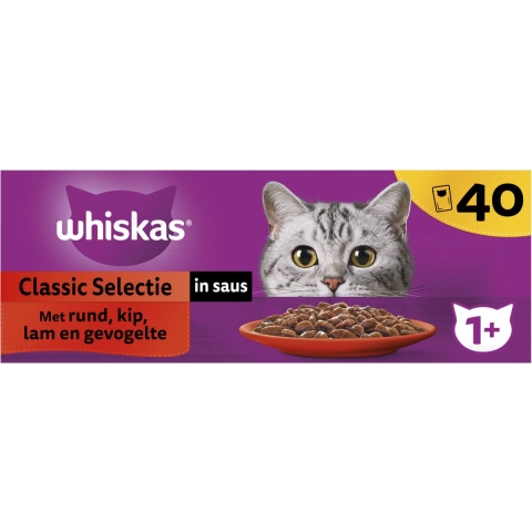 Whiskas 1+ Classic Selectie in saus natvoer kat multipack (85 g) 2 verpakkingen (80 x 85 g)