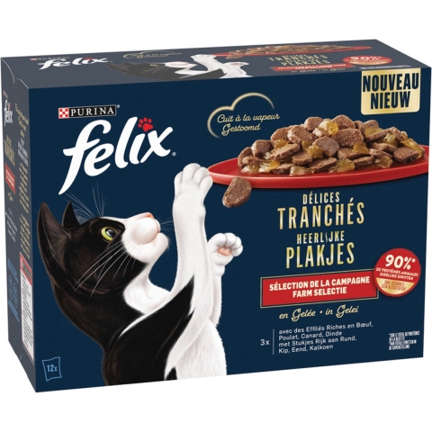 Felix Heerlijke Plakjes Farm Selectie met rund, kip, eend, kalkoen in gelei natvoer kat (12x80 g) 8 x ( 96 x 80 g)