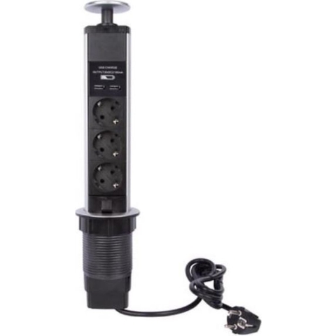 Pop-up stekkerblok met 3 stopcontacten 2 x usb schuko - Velleman
