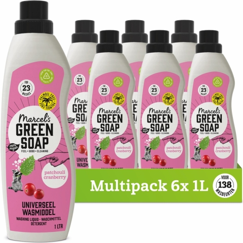 6x Marcel's Green Soap Wasmiddel Patchouli&Cranberry 23 Wasbeurten 1 liter