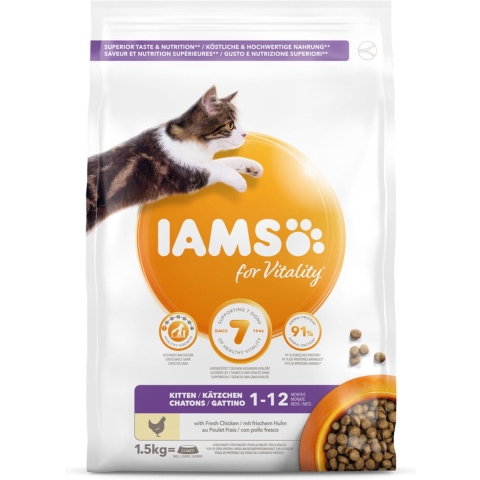 4x Iams Kat Kitten/Junior Kip 1,5 kg