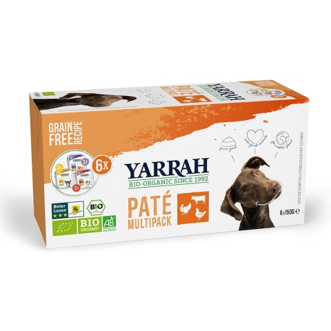 4x Yarrah Bio Hondenvoer Multipack Paté Graanvrij Kip - Kalkoen - Rund 6 x 150 gr