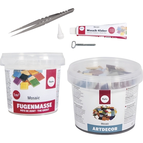 Emmer mozaiek steentjes 2 cm - vierkant - assorti kleuren mix - 325x stuks - met lijm en voegmiddel -
