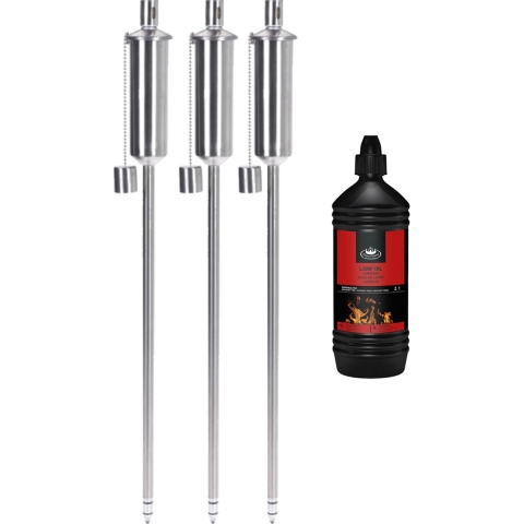3x stuks Tuinfakkels RVS 115 cm inclusief 1 liter lampenolie/fakkelolie -