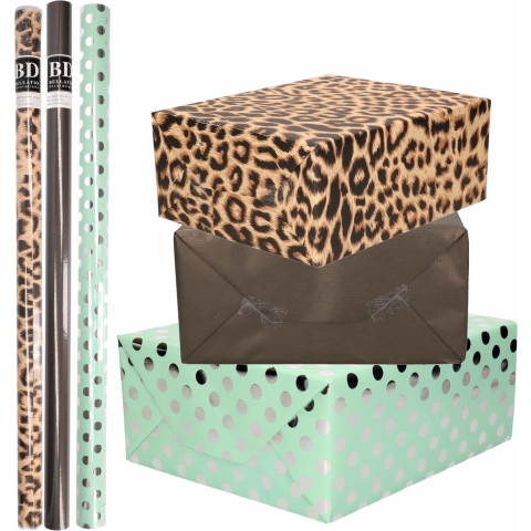 12x Rollen kraft inpakpapier/folie pakket - panterprint/zwart/mintgroen zilver stippen 200 x 70 cm -