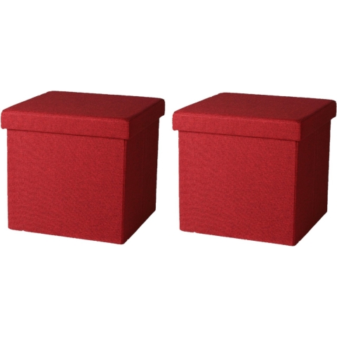 Poef/hocker - 2x - opbergbox zit krukje - rood - linnen/mdf - 37 x 37 cm - opvouwbaar -