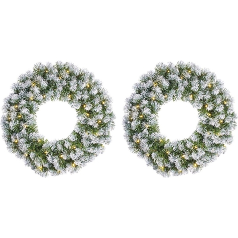 Set van 2x stuks kerstkransen/deurkransen groen met verlichting 30 lampjes en sneeuw 60 cm -