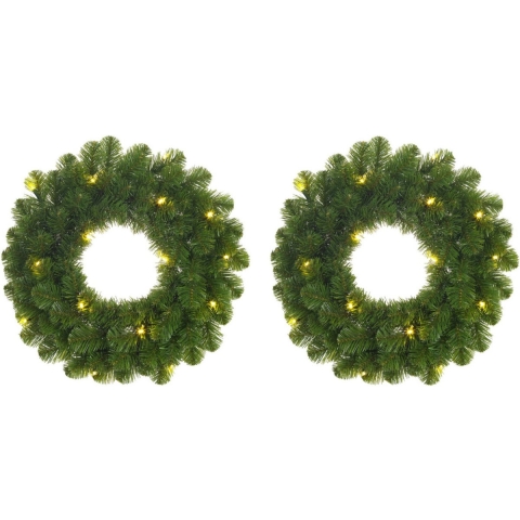Set van 2x stuks groene verlichte kerstkransen/deurkransen met 30 LEDS 60 cm -