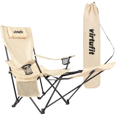 VirtuFit Opvouwbare Camping Stoel met Voetsteun - Strandstoel  - Beige