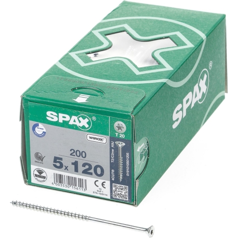 SPAX 191010501205 Universele Schroef, Verzonken Kop, 5 X 120, Deeldraad, T-STAR Plus TX20 - WIROX - 200 Stuks