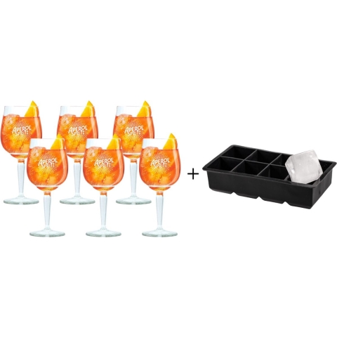 Aperol Spritz Glazen - 450 ml - Officeel Glas - 6 stuks + ijsblokjesvorm voor 8 grote ijsblokjes