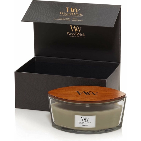 WoodWick Giftset Geurkaars Ellipse Fireside - Geurkaars in Glas - Houten Lont