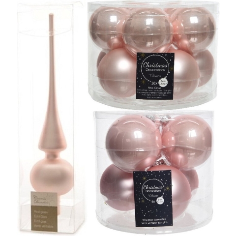 Glazen kerstballen pakket lichtroze glans/mat 32x stuks inclusief piek mat -