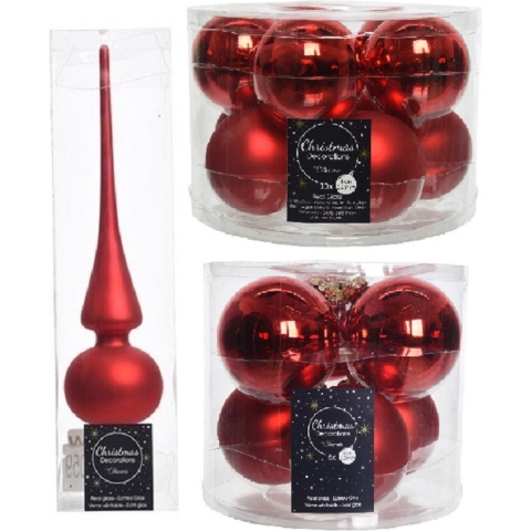 Glazen kerstballen pakket kerstrood glans/mat 32x stuks inclusief piek mat -