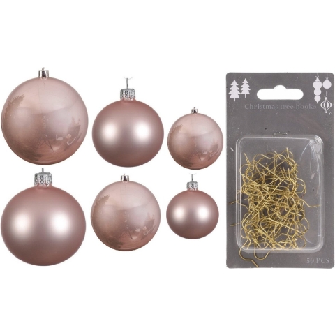 Groot pakket glazen kerstballen 50x lichtroze glans/mat 4-6-8 cm incl haakjes -