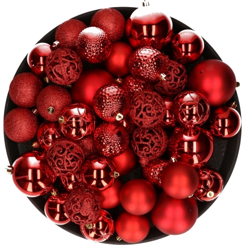 Kerstversiering kunststof kerstballen rood 6-8-10 cm pakket van 59x stuks -