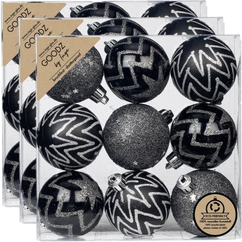 27x stuks gedecoreerde kunststof kerstballen zwart 6 cm -