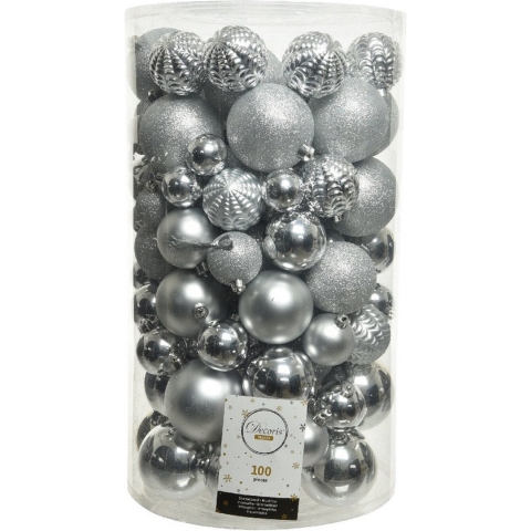 Decoris 100x stuks kunststof kerstballen zilver 4-5-6-7-8 cm -