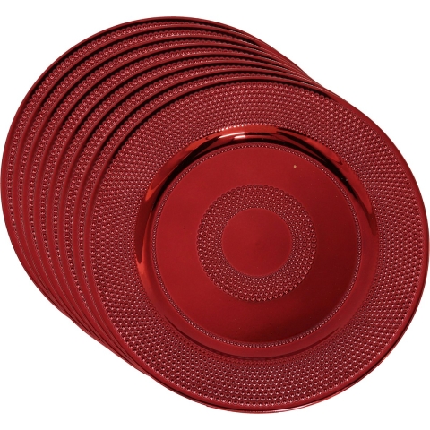Set van 12x stuks kerstdiner onderborden rond rood glimmend 33 cm -