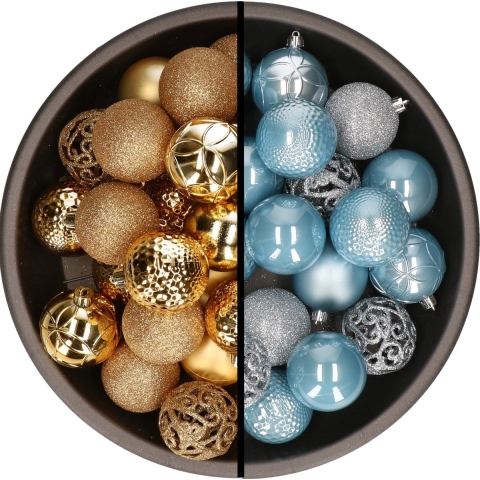 Kunststof kerstballen 74x stuks goud en lichtblauw 6 cm -