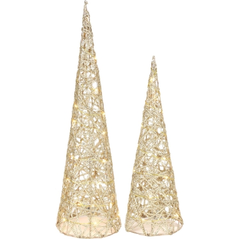Verlichte LED kegels/kerstboom - 2x st - goud - H40 en H60 cm -