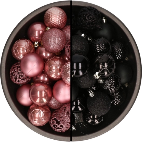 74x stuks kunststof kerstballen mix zwart en oudroze 6 cm -