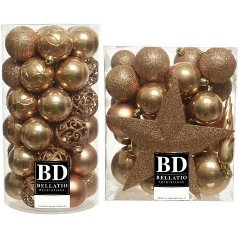 70x stuks kunststof kerstballen met ster piek camel bruin 5-6-8 cm mix -