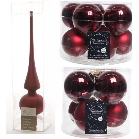 Glazen kerstballen pakket donkerrood glans/mat 32x stuks inclusief piek mat -